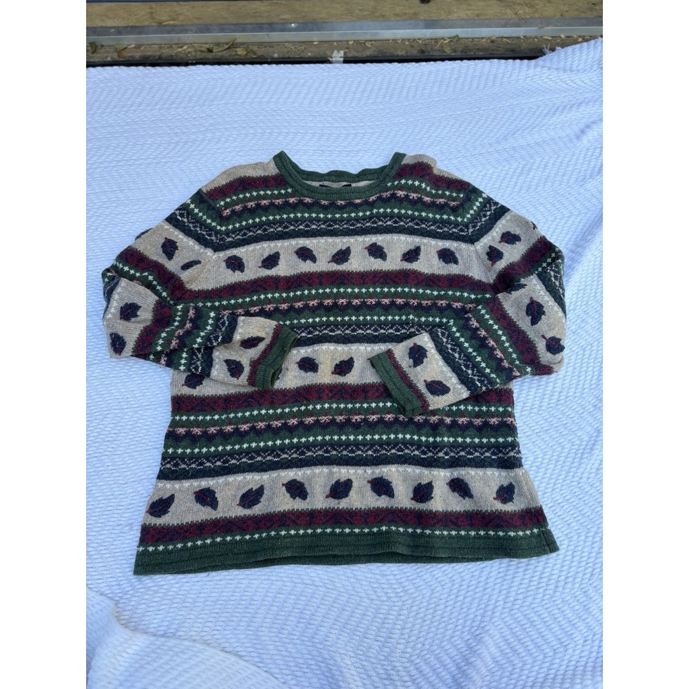 Mountain Lake VTG 90s Artsy Heavy SzL Chunky Looped Stitched Green Leaf Sweater
